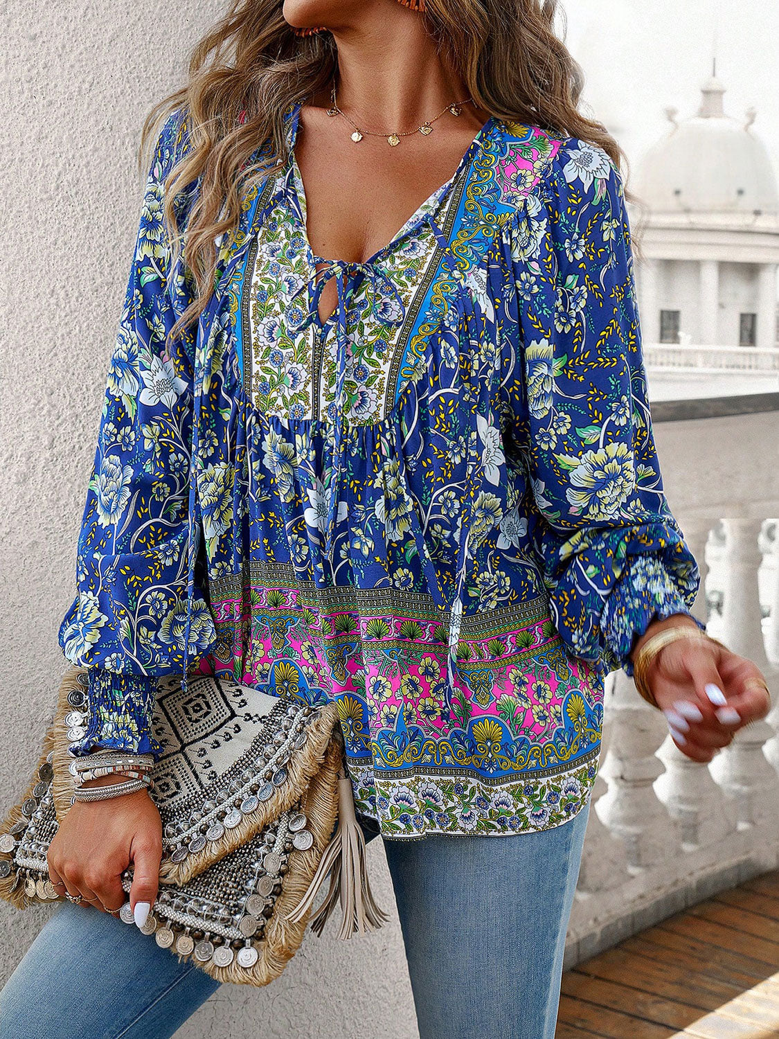 Devine Bohemian Tie Neck Lantern Sleeve Blouse