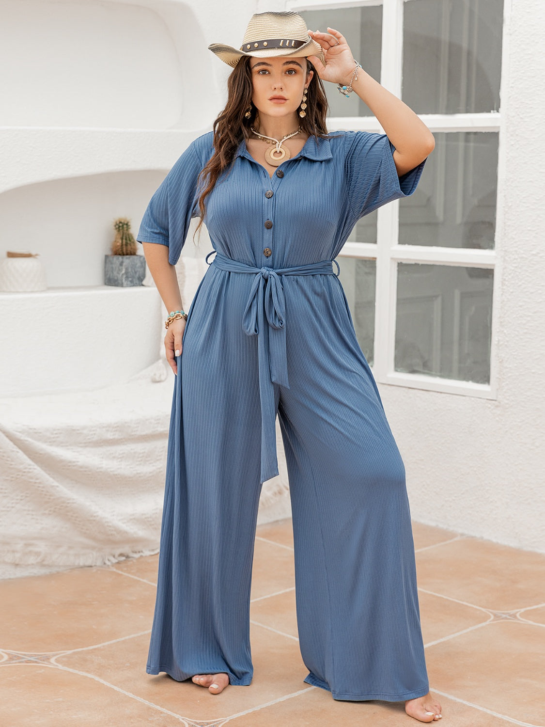 Thunder Chick Fitness Plus Size Ribbed Half Button Tie-Waist Jumpsuit