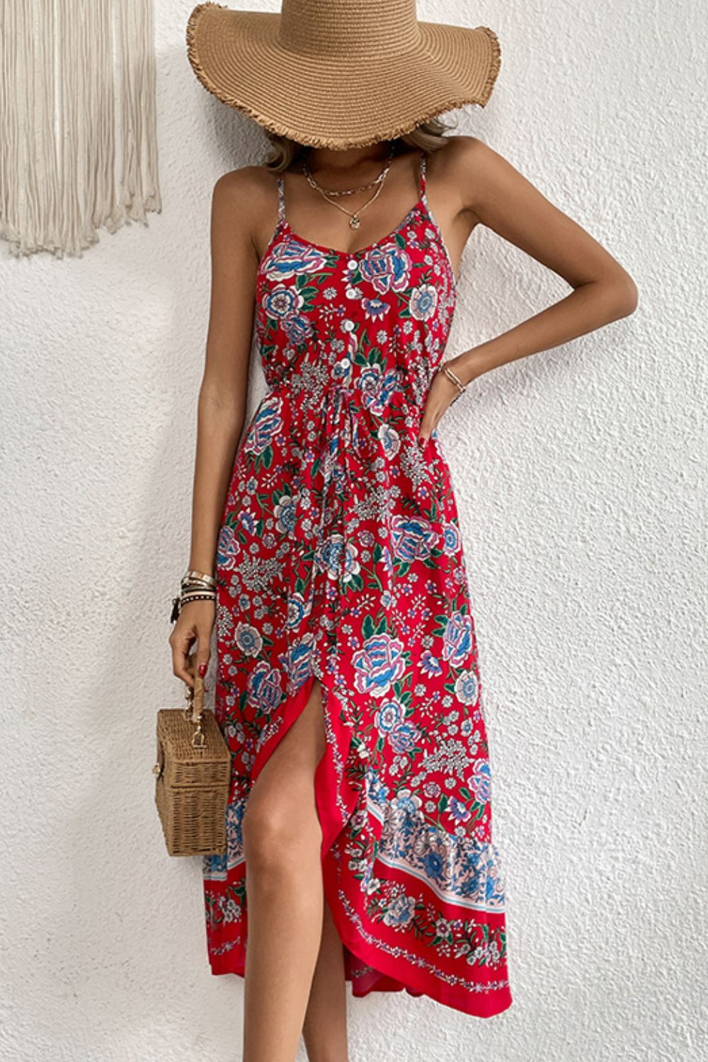 Perfee Bohemian Decorative Button Spaghetti Strap Dress