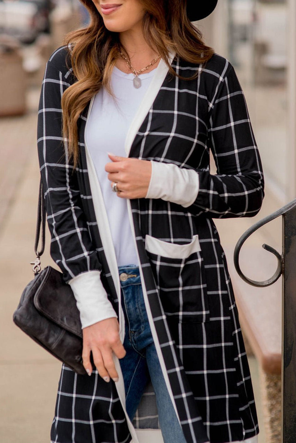 Black Plaid Color block Edge Open Cardigan with Pocket